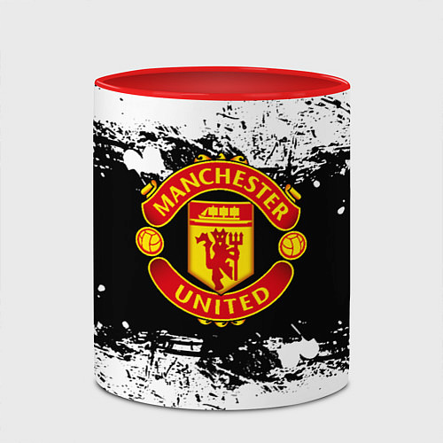 Кружка цветная Манчестер Юнайтед черно белые краски лого / 3D-Белый + красный – фото 2