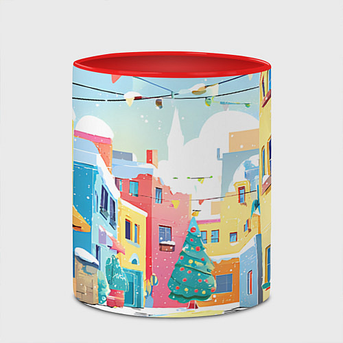 Кружка цветная Разноцветный новогодний дворик / 3D-Белый + красный – фото 2