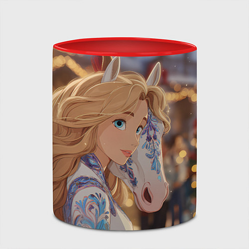 Кружка цветная Блондинка с новогодней лошадкой / 3D-Белый + красный – фото 2