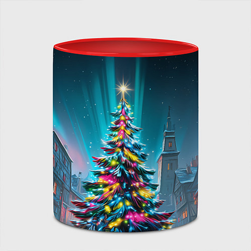 Кружка цветная Новогодняя елка в гирляндах / 3D-Белый + красный – фото 2