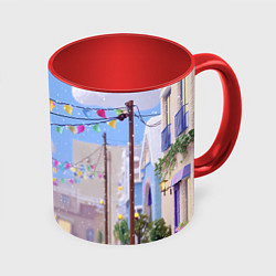 Кружка 3D Предновогодний праздничный дворик, цвет: 3D-белый + красный