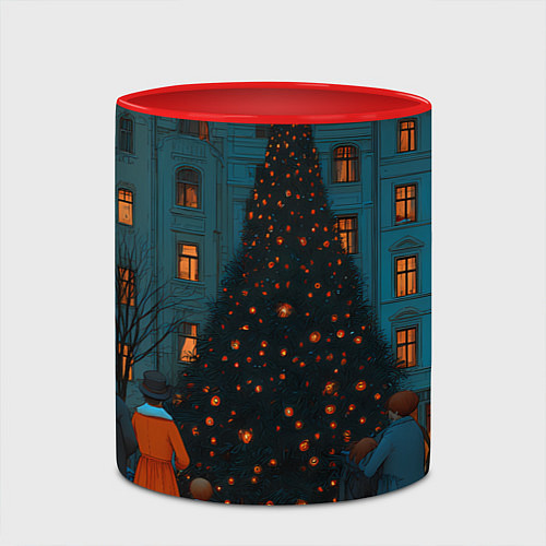Кружка цветная Люди встречают новый год во дворе / 3D-Белый + красный – фото 2