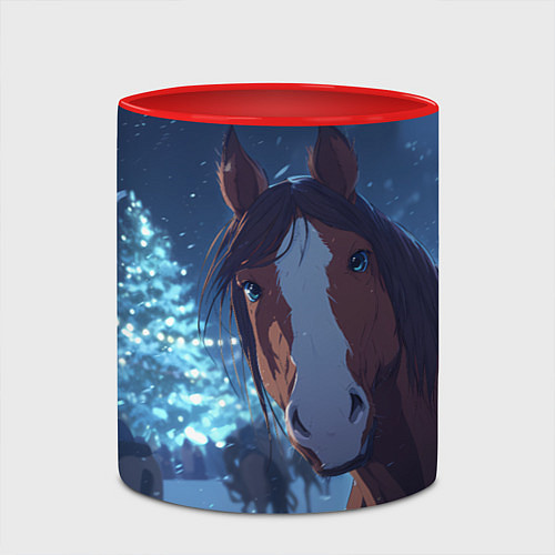 Кружка цветная Лошадь на фоне новогодней елки / 3D-Белый + красный – фото 2