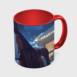 Кружка 3D Лошадь на фоне новогодней елки, цвет: 3D-белый + красный
