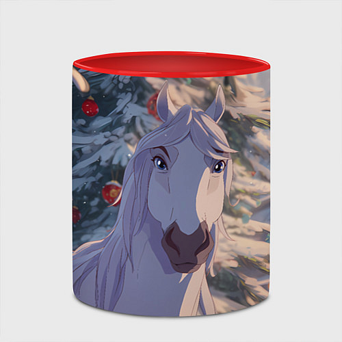 Кружка цветная Белая лошадь на фоне елки / 3D-Белый + красный – фото 2