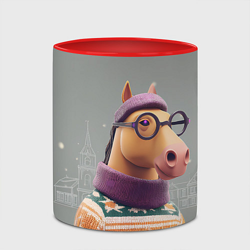 Кружка цветная Новогодняя лошадка хипстер / 3D-Белый + красный – фото 2
