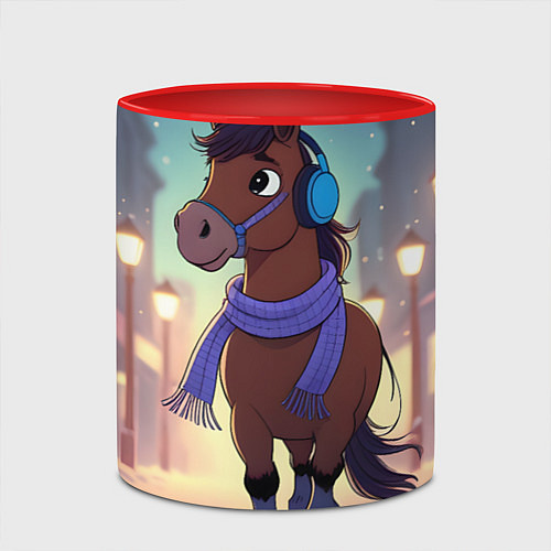 Кружка цветная Лошадка в шарфе и наушниках / 3D-Белый + красный – фото 2