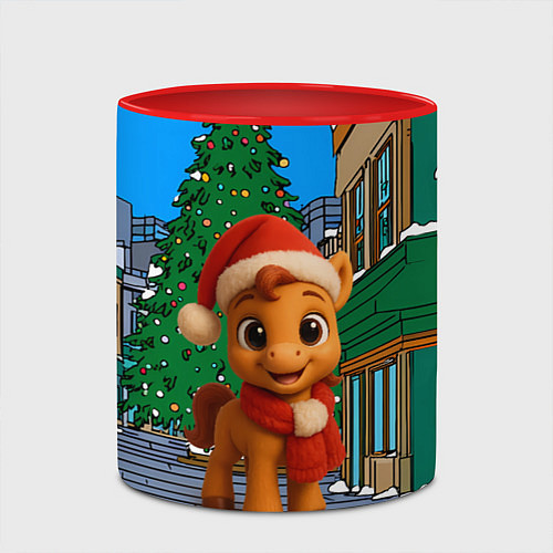 Кружка цветная Новогодняя лошадка и елка / 3D-Белый + красный – фото 2