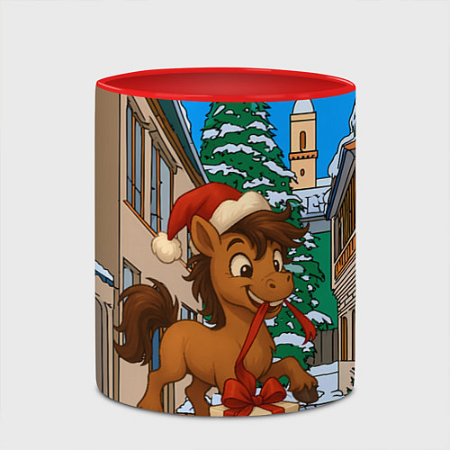 Кружка цветная Лошадка распаковывает новогодний подарок / 3D-Белый + красный – фото 2