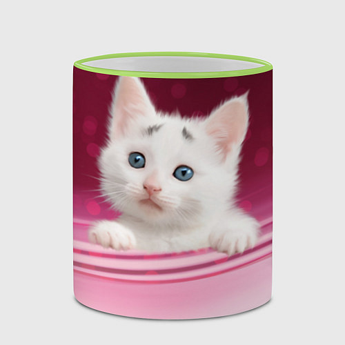 Кружка цветная Белый котёнок / 3D-Светло-зеленый кант – фото 2