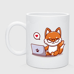 Кружка керамическая Cute fox and laptop, цвет: белый