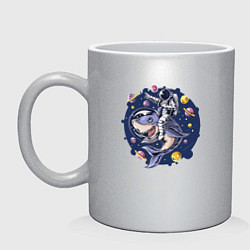 Кружка керамическая Космонавт верхом на акуле, цвет: серебряный