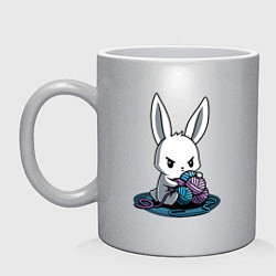 Кружка керамическая Зайчонок обнял клубки The bunny hugged the balls, цвет: серебряный