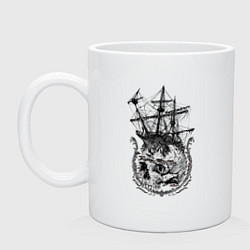 Кружка керамическая The frigate and the Pirates Skull, цвет: белый