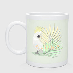 Кружка керамическая Белый попугай с хохолком на фоне листьев пальмы, цвет: фосфор