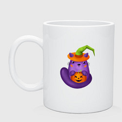 Кружка керамическая Смешной кот в ведьмовской шляпе с тыквой Джек, Хэл, цвет: белый
