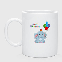 Кружка керамическая Слоник день рождения с шариками, цвет: белый