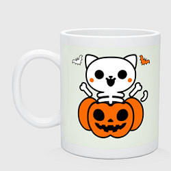 Кружка керамическая Веселый кот-скелет в тыкве - Хэллоуин, цвет: фосфор
