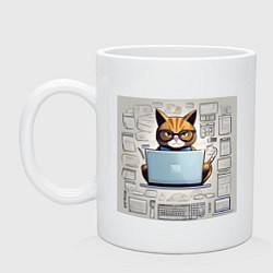 Кружка керамическая Кот программист за ноутбуком, цвет: белый