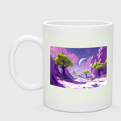 Кружка керамическая Фиолетовые горы зеленые деревья и космос, цвет: фосфор