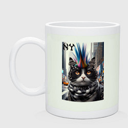 Кружка керамическая Кот панк с разноцветным хаером - Нью-Йорк, цвет: фосфор