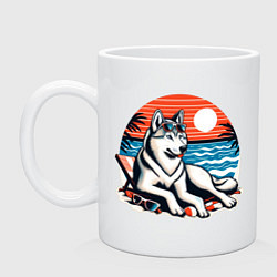 Кружка керамическая Хаски отдыхает на пляже, цвет: белый
