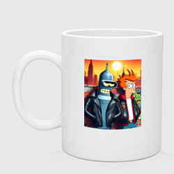 Кружка керамическая Фрай и Бендер жители Нью-Йорка, цвет: белый