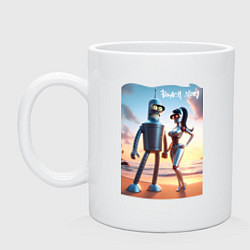 Кружка керамическая Робот-сгибальщик Бендер со своей чувихой на пляже, цвет: белый
