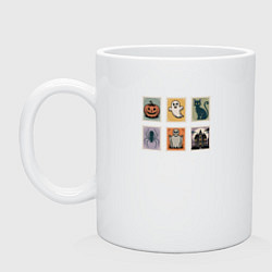 Кружка керамическая Символы Хэллоуина тыква привидение и черный кот, цвет: белый