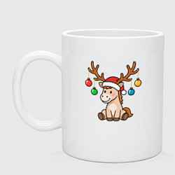 Кружка керамическая Лошадь в шапке Санта-Клауса и рогами оленя, цвет: белый