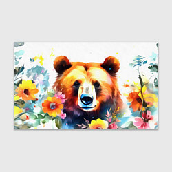 Бумага для упаковки Морда медведя гризли с цветами акварелью, цвет: 3D-принт
