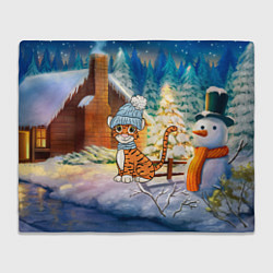Плед флисовый Тигренок на фоне зимнего дома, цвет: 3D-велсофт