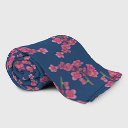 Плед флисовый Веточки айвы с розовыми цветами на синем фоне, цвет: 3D-велсофт — фото 2