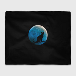 Плед флисовый Силуэт кота на фоне синей луны, цвет: 3D-велсофт