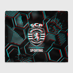 Плед флисовый Sporting FC в стиле Glitch на темном фоне, цвет: 3D-велсофт