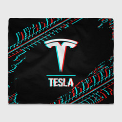Плед флисовый Значок Tesla в стиле Glitch на темном фоне, цвет: 3D-велсофт