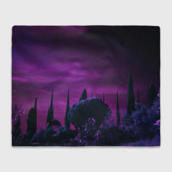 Плед флисовый Ночное сияние в тёмном лесу - Фиолетовый, цвет: 3D-велсофт