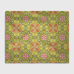 Плед флисовый Зеленые узоры и оранжевые цветы, цвет: 3D-велсофт