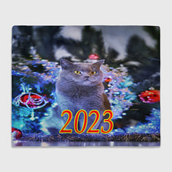 Плед флисовый Дымчатый кот и елка, цвет: 3D-велсофт