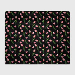 Плед флисовый Тюльпаны и сердечки на черном - паттерн, цвет: 3D-велсофт