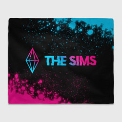 Плед флисовый The Sims - neon gradient: надпись и символ, цвет: 3D-велсофт