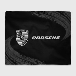 Плед флисовый Porsche speed на темном фоне со следами шин по-гор, цвет: 3D-велсофт