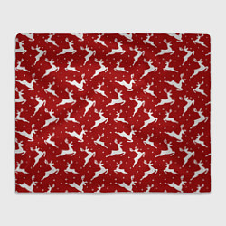 Плед флисовый Красный паттерн с новогодними оленями, цвет: 3D-велсофт