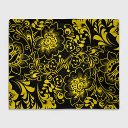 Плед флисовый Хохломская роспись золотые цветы на чёроном фоне, цвет: 3D-велсофт