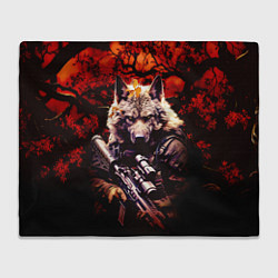 Плед флисовый Волк солдат в красном лесу, цвет: 3D-велсофт