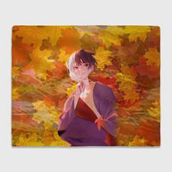 Плед флисовый Гэн Асагири на фоне листвы из Доктора Стоуна, цвет: 3D-велсофт