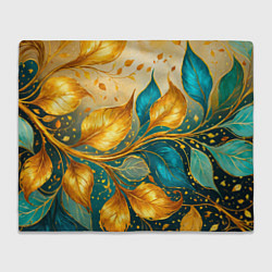 Плед флисовый Листья абстрактные золото и бирюза, цвет: 3D-велсофт