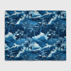 Плед флисовый Пальмы и волны - голубые оттенки паттерн, цвет: 3D-велсофт