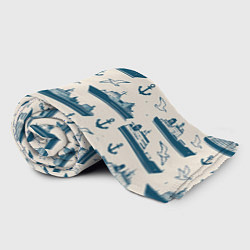 Плед флисовый Морской паттерн из чаек, якорей и кораблей, цвет: 3D-велсофт — фото 2