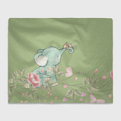 Плед флисовый Слоненок с зайчиком в цветах на зеленом, цвет: 3D-велсофт
